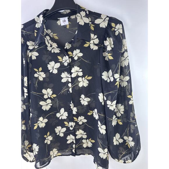 CAbi Cosmo Blouse Black Floral Chiffon Sheer Button Front Top 4159 Size Large - Picture 5 of 13